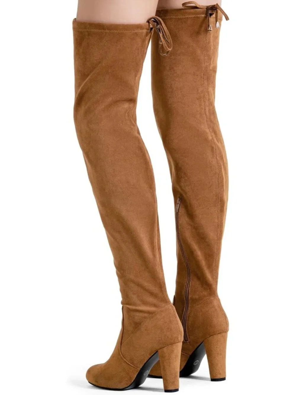 Women's Camel Brown Suede Closed Round Toe Block Heel Over The Knee High Boots